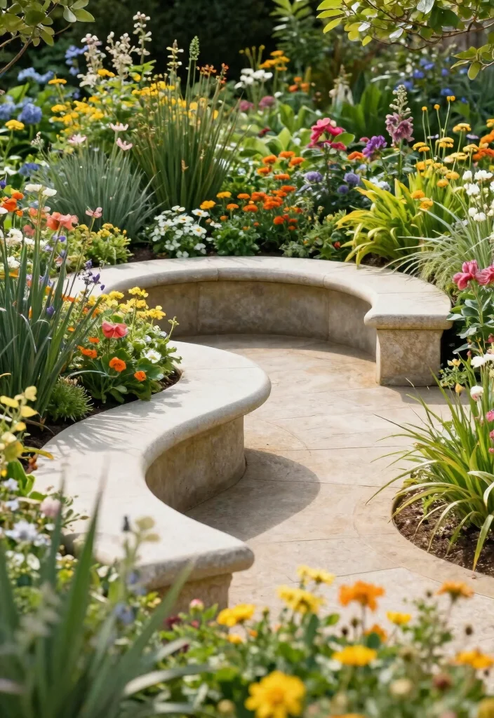 18 Cozy & Inviting Backyard Seating Ideas That Feel Like Home - 12. Curved Stone Benches 1
