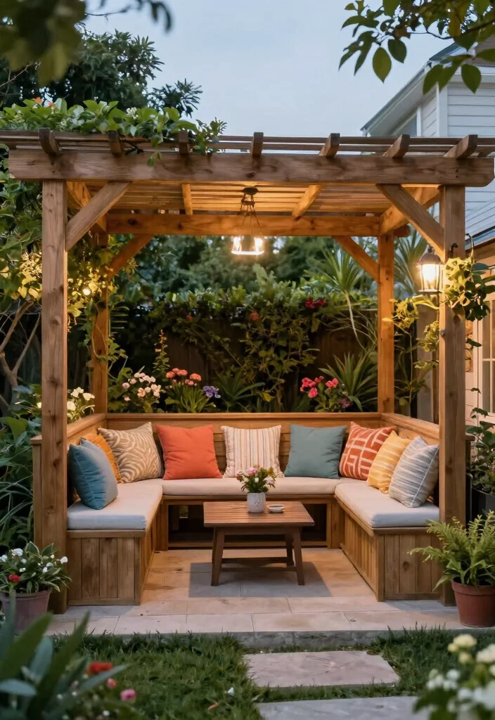 18 Cozy & Inviting Backyard Seating Ideas That Feel Like Home - 14. Pergola with Built-in Seating 1