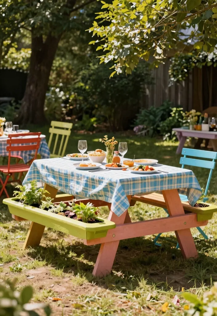 18 Cozy & Inviting Backyard Seating Ideas That Feel Like Home - 16. Picnic Table with a Twist 1