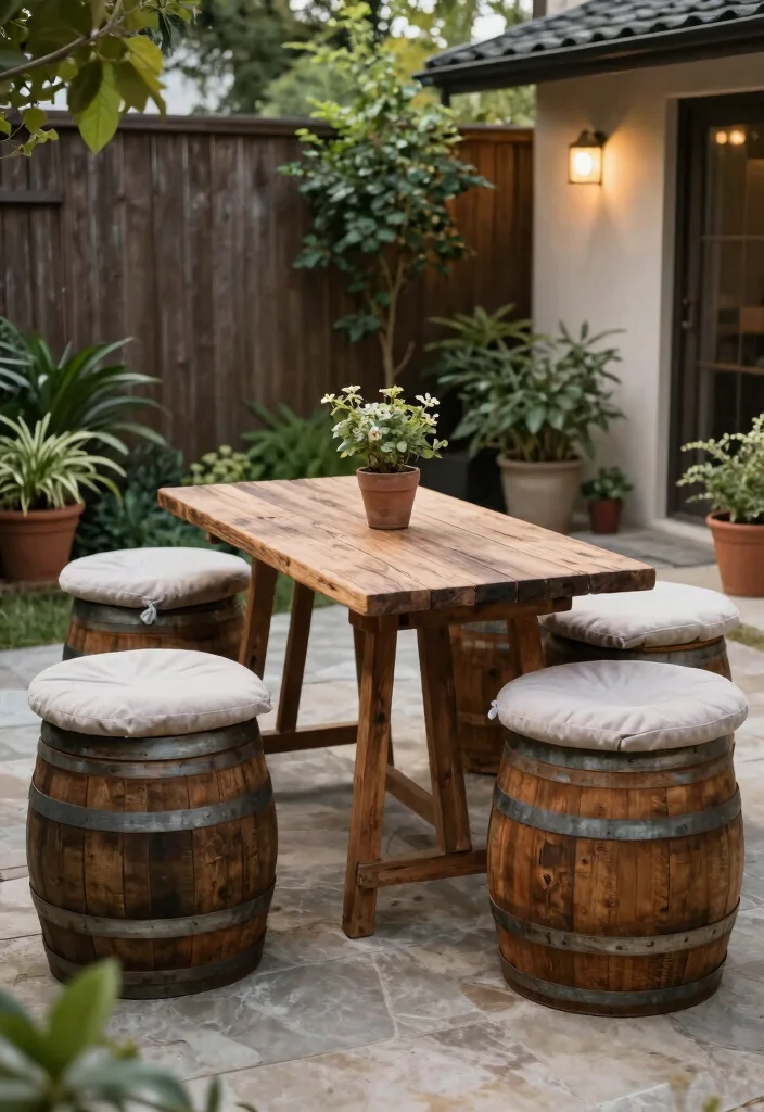 18 Cozy & Inviting Backyard Seating Ideas That Feel Like Home - 17. Upcycled Barrel Seating 1