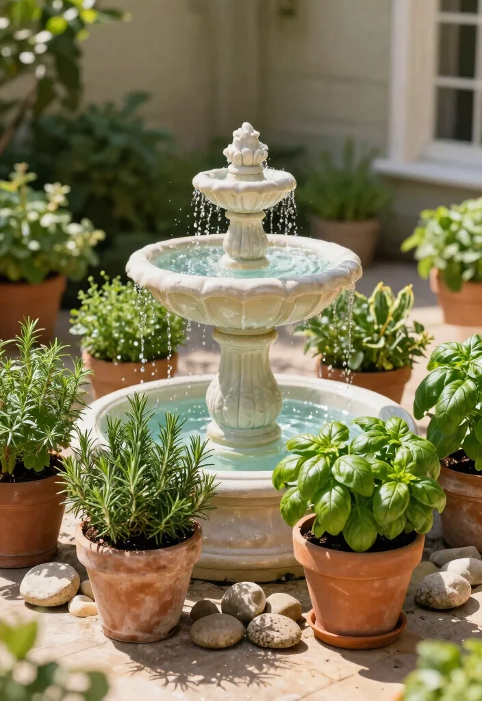 18 Patio Herb Garden Ideas With Fresh Green Vibes 17 18 Patio Herb Garden Ideas With Fresh Green Vibes - 17. Herb Garden with a Small Fountain 1