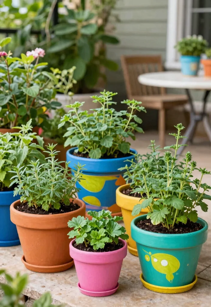18 Patio Herb Garden Ideas With Fresh Green Vibes 5 18 Patio Herb Garden Ideas With Fresh Green Vibes - 5. Colorful Painted Pots 1