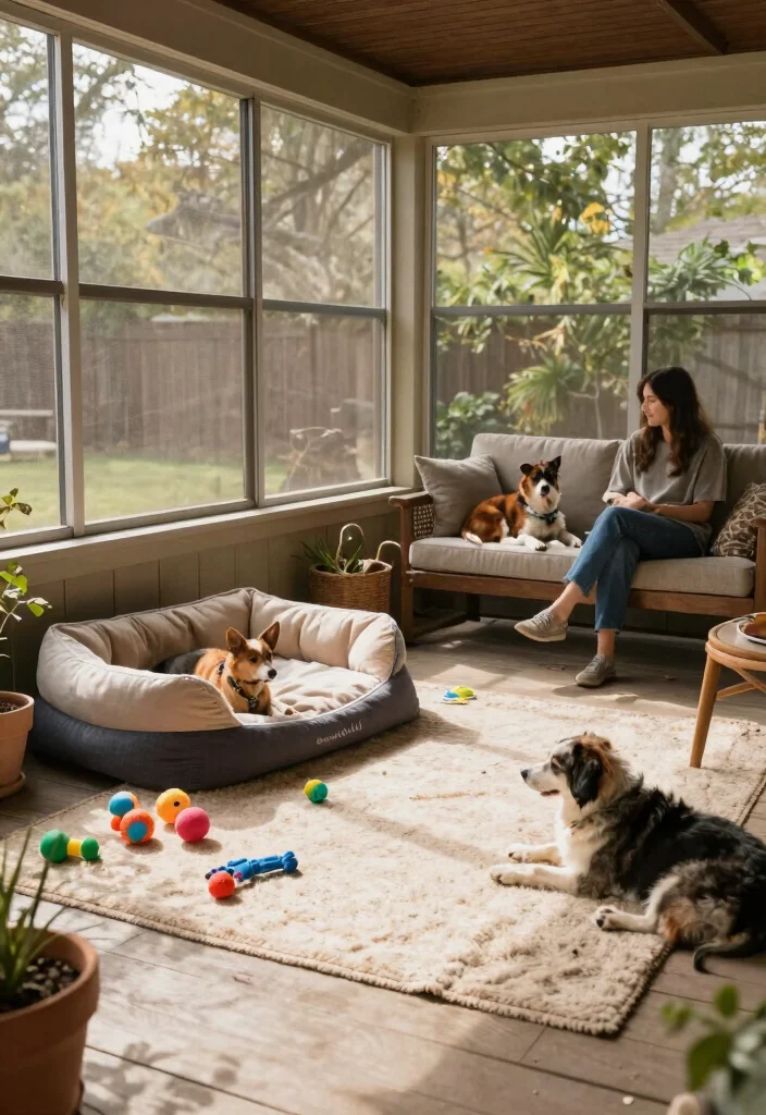 18 Screened in Front Porch Ideas for Bug Free Comfort 16 18 Screened in Front Porch Ideas for Bug Free Comfort - 16. Pet-Friendly Spaces 1