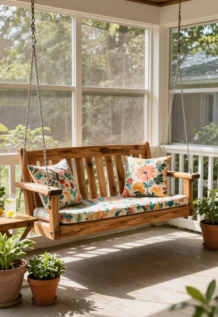18 Screened in Front Porch Ideas for Bug Free Comfort 3 18 Screened in Front Porch Ideas for Bug Free Comfort - 3. Charming Swing Bench 1