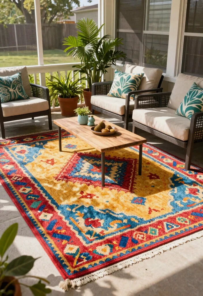 18 Screened in Front Porch Ideas for Bug Free Comfort 5 18 Screened in Front Porch Ideas for Bug Free Comfort - 5. Colorful Outdoor Rugs 1