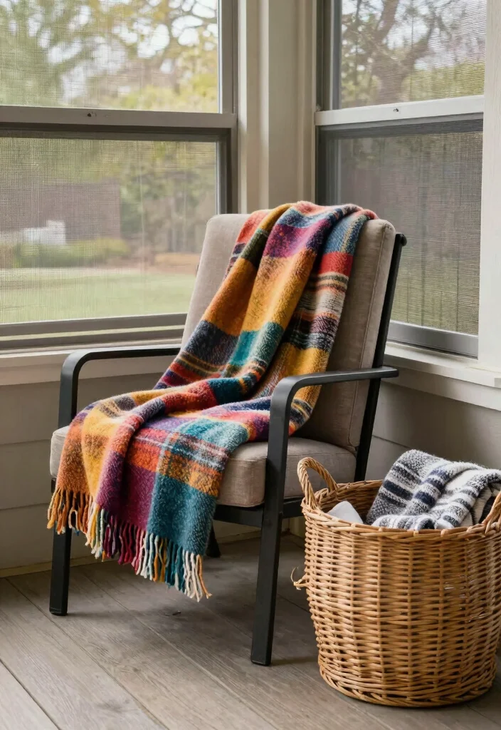 18 Screened in Front Porch Ideas for Bug Free Comfort 7 18 Screened in Front Porch Ideas for Bug Free Comfort - 7. Cozy Throw Blankets 1