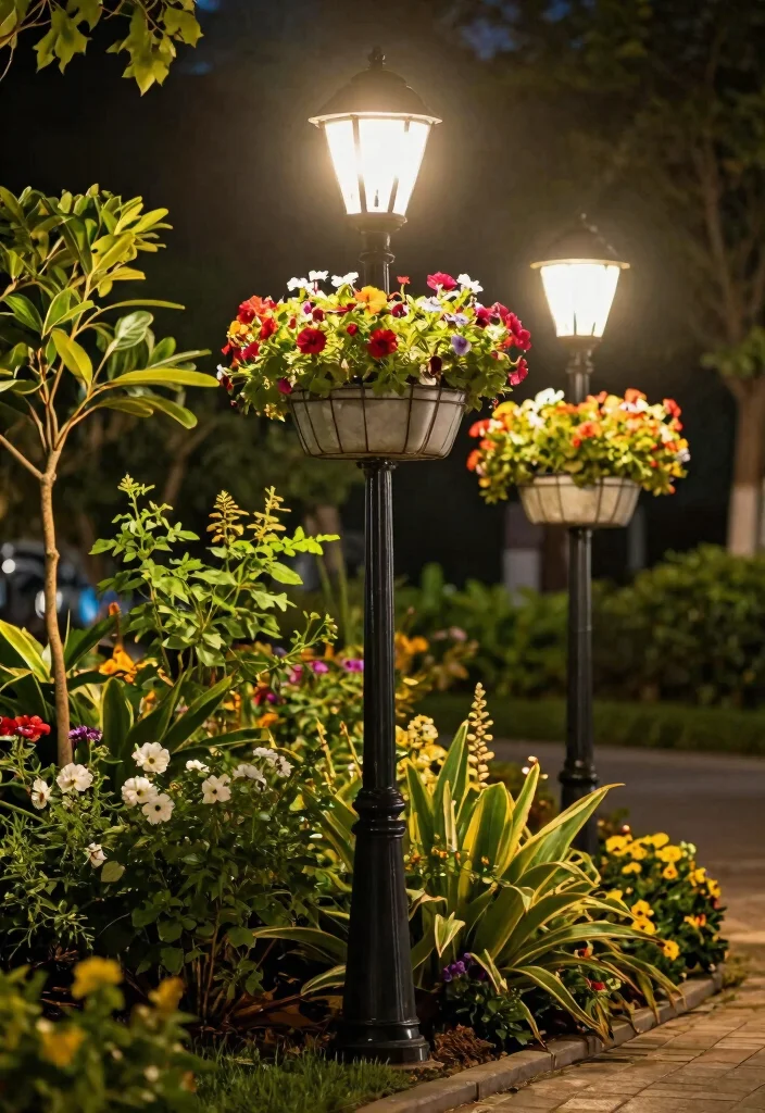 12 Lamp Post Landscaping Ideas That Boost Curb Appeal at Night - 10. Botanical Lamp Post Displays 1