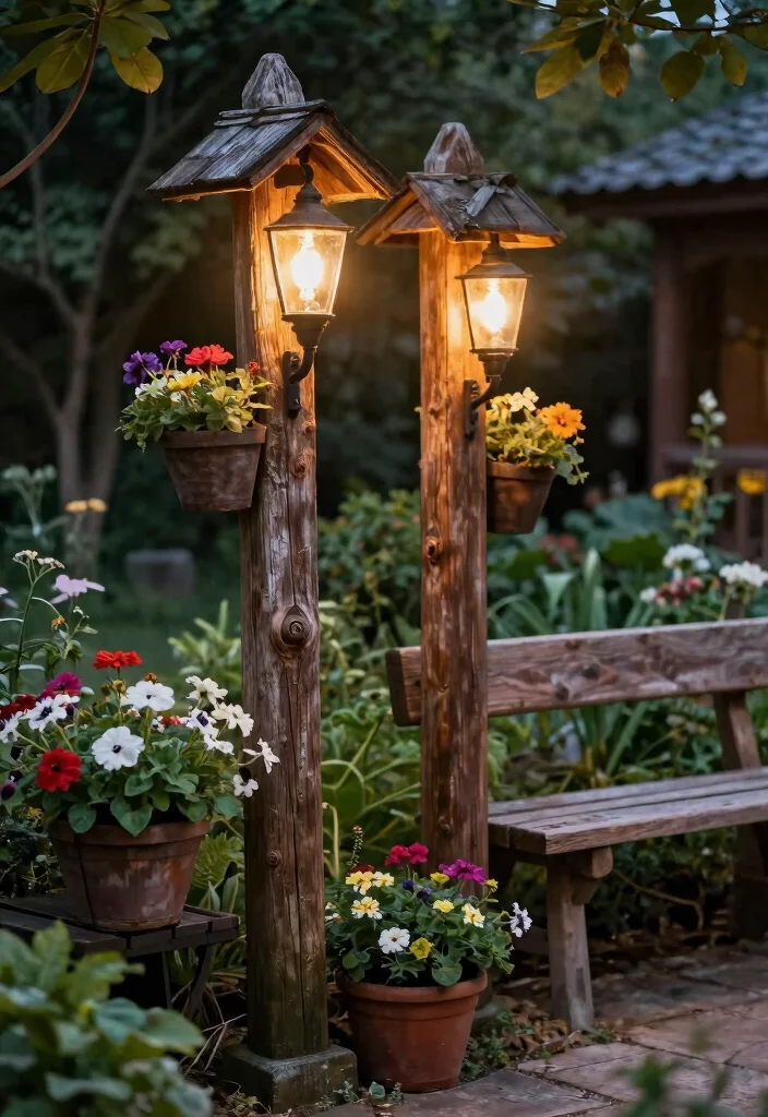12 Lamp Post Landscaping Ideas That Boost Curb Appeal at Night - 3. Rustic Wooden Posts with Warm Lighting 1