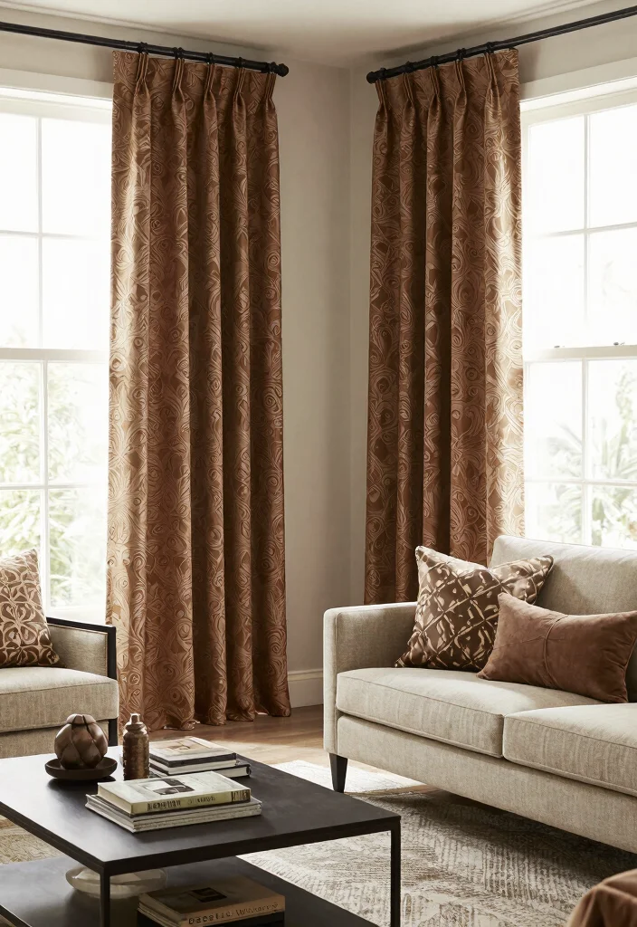 14 Brown Living Room Curtains That Add Warmth Without Going Dark - 10. Sepia Brown Patterned Curtains 1