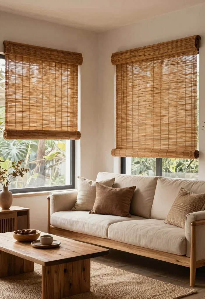 14 Brown Living Room Curtains That Add Warmth Without Going Dark - 5. Earthy Brown Bamboo Shades 1
