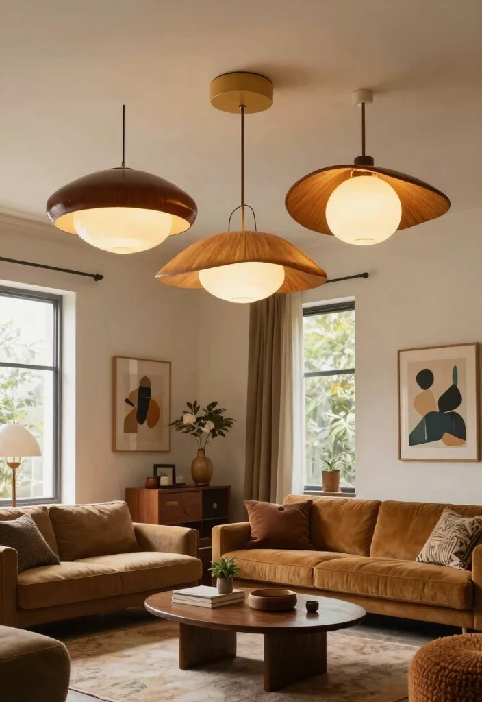 14 Living Room Ceiling Lamp Ideas That Brighten Dark Rooms - 7. Mid-Century Modern Inspired Lamps 1