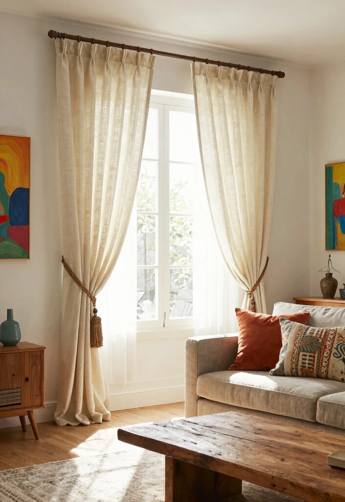 14 Short Curtains for Living Rooms That Don't Look Unfinished - 13. Artistic Tie-Backs 1