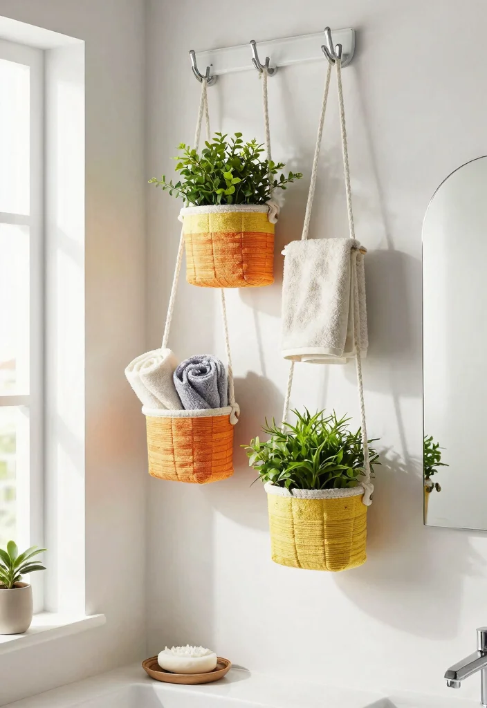 14 Small Bathroom Shelf Ideas That Don't Need Drilling or Studs - 12. Hanging Baskets from Ceiling Hooks 1