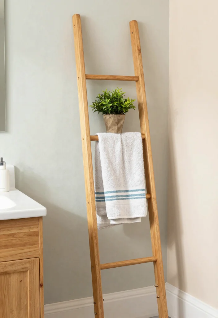 14 Small Bathroom Shelf Ideas That Don't Need Drilling or Studs - 13. Bathroom Ladder with Hooks 1