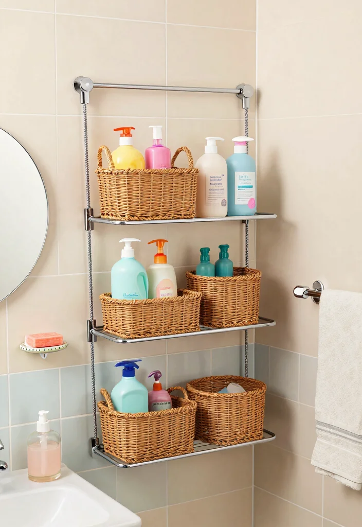 14 Small Bathroom Shelf Ideas That Don't Need Drilling or Studs - 2. Tension Rod Shelving 1