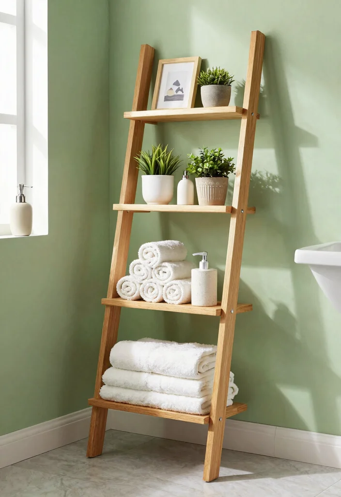 14 Small Bathroom Shelf Ideas That Don't Need Drilling or Studs - 4. Ladder Shelf Leaning Against the Wall 1