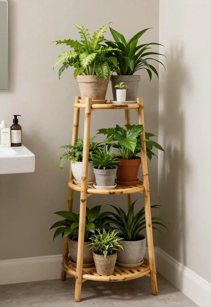 14 Small Bathroom Shelf Ideas That Don't Need Drilling or Studs - 6. Tiered Plant Stands 1