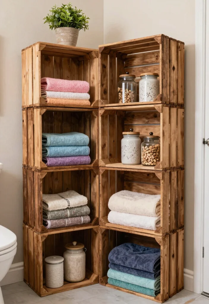 14 Small Bathroom Shelf Ideas That Don't Need Drilling or Studs - 8. Repurposed Wooden Crates 1