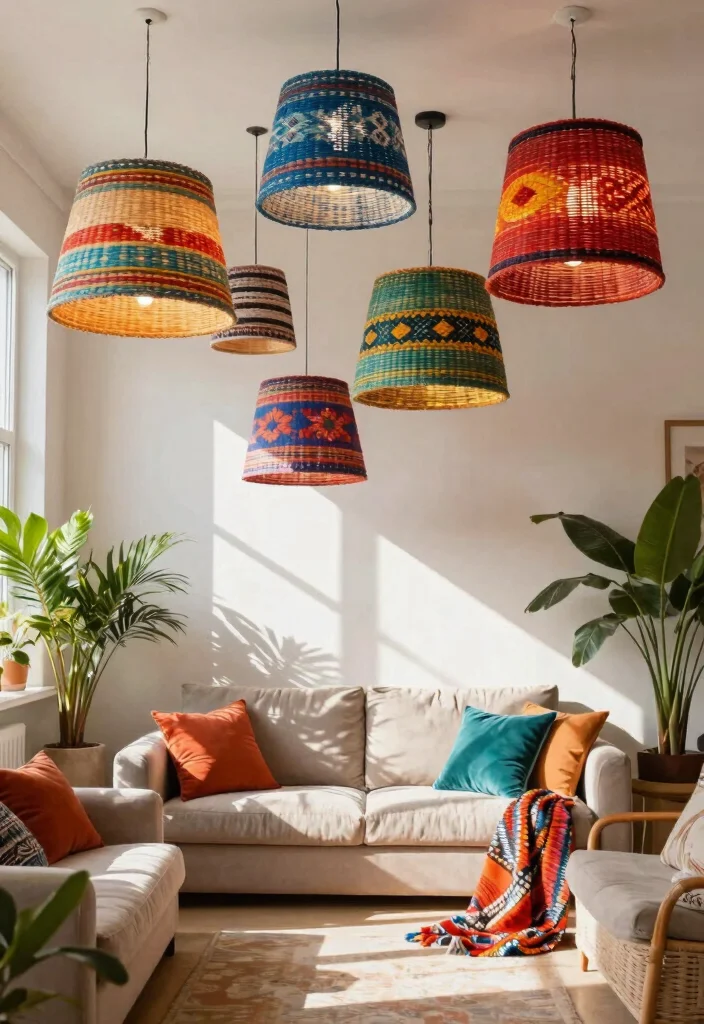 14 Woven Lamp Shade Ideas That Soften Harsh Overhead Light - 6. Colorful Woven Shades to Brighten Up 1