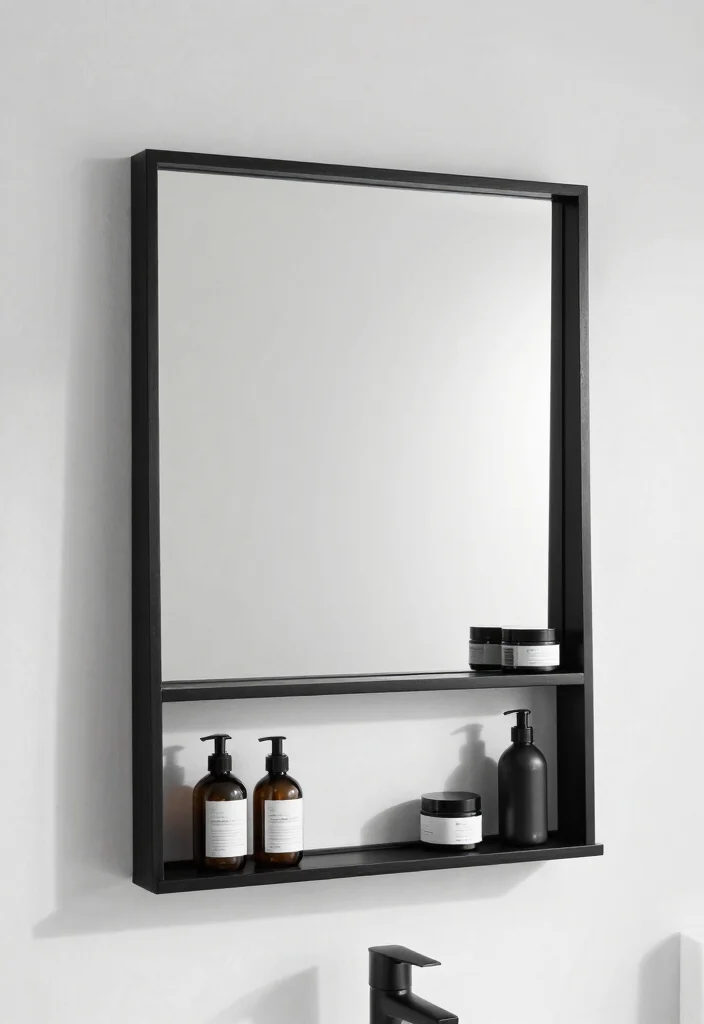 15 Bathroom Mirror With Shelves Ideas That Add Storage Fast - 11. Minimalist Black and White 1