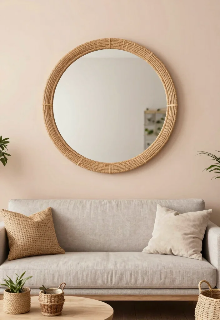 15 Circle Mirrors on Wall Living Room Ideas That Make Small Spaces Feel Bigger - 11. Textured Frames 1