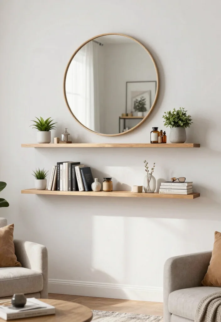 15 Circle Mirrors on Wall Living Room Ideas That Make Small Spaces Feel Bigger - 12. Floating Shelves 1