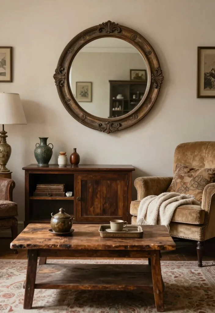 15 Circle Mirrors on Wall Living Room Ideas That Make Small Spaces Feel Bigger - 14. Vintage Finds 1