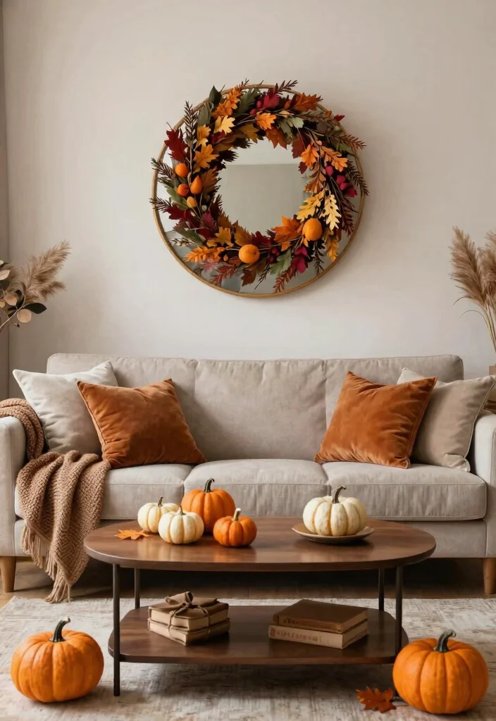 15 Circle Mirrors on Wall Living Room Ideas That Make Small Spaces Feel Bigger - 15. Seasonal Decor Integration 1
