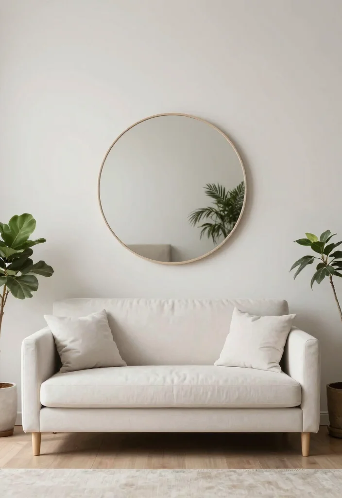 15 Circle Mirrors on Wall Living Room Ideas That Make Small Spaces Feel Bigger - 3. Minimalist Approach 1
