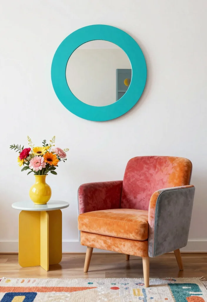 15 Circle Mirrors on Wall Living Room Ideas That Make Small Spaces Feel Bigger - 4. Incorporating Bold Colors 1