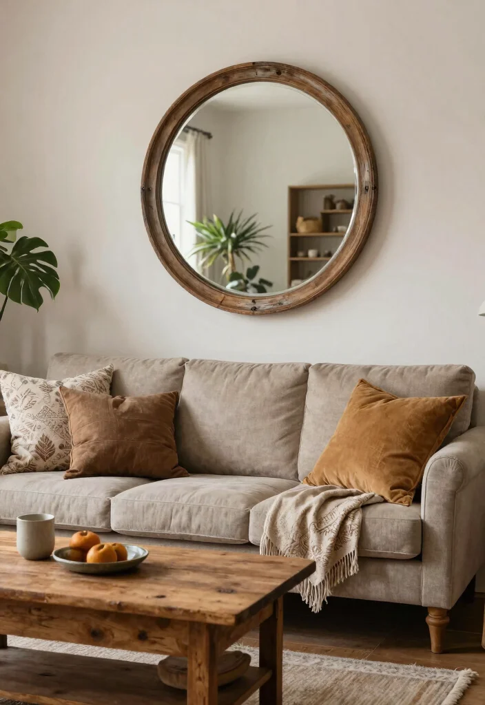 15 Circle Mirrors on Wall Living Room Ideas That Make Small Spaces Feel Bigger - 5. Rustic Charm 1