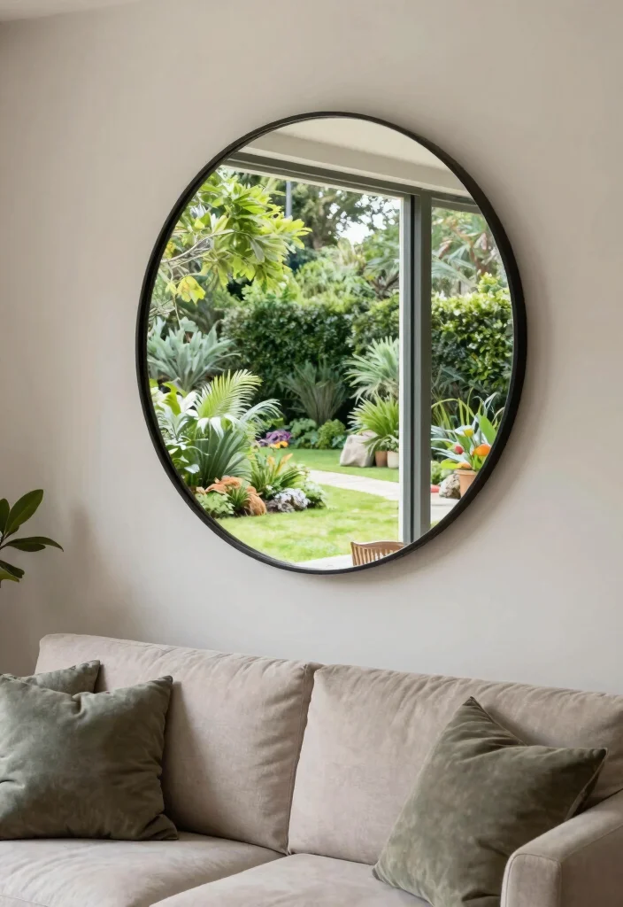 15 Circle Mirrors on Wall Living Room Ideas That Make Small Spaces Feel Bigger - 7. Reflecting Nature 1