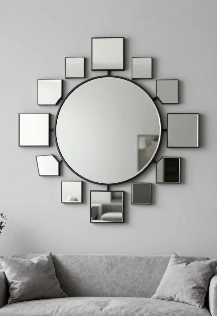 15 Circle Mirrors on Wall Living Room Ideas That Make Small Spaces Feel Bigger - 8. Mixing Shapes 1