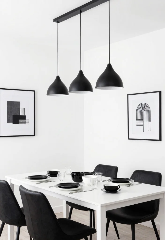 15 Dining Pendant Light Concepts That Center the Table Perfectly - 14. Timeless Black & White Contrast 1