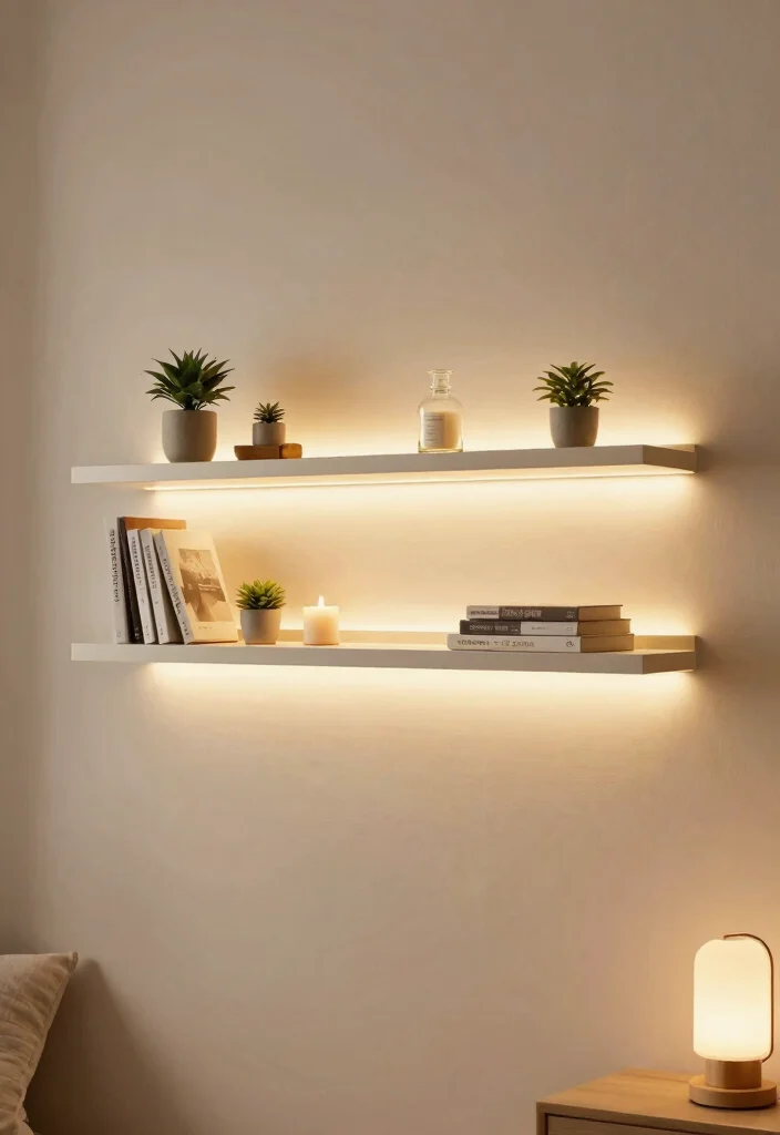 15 Floating Shelf Decor Bedroom Ideas That Stay Styled and Uncluttered - 11. Play with Light 1