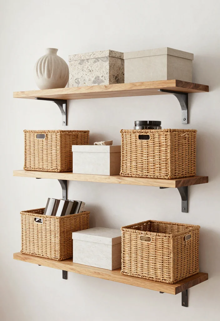 15 Floating Shelf Decor Bedroom Ideas That Stay Styled and Uncluttered - 6. Stylish Storage Baskets 1