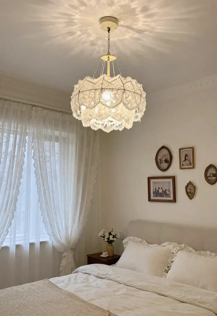 15 Lamp Shade Chandelier Ideas That Update Old Fixtures Fast - 2. Vintage Lace for a Romantic Feel 1