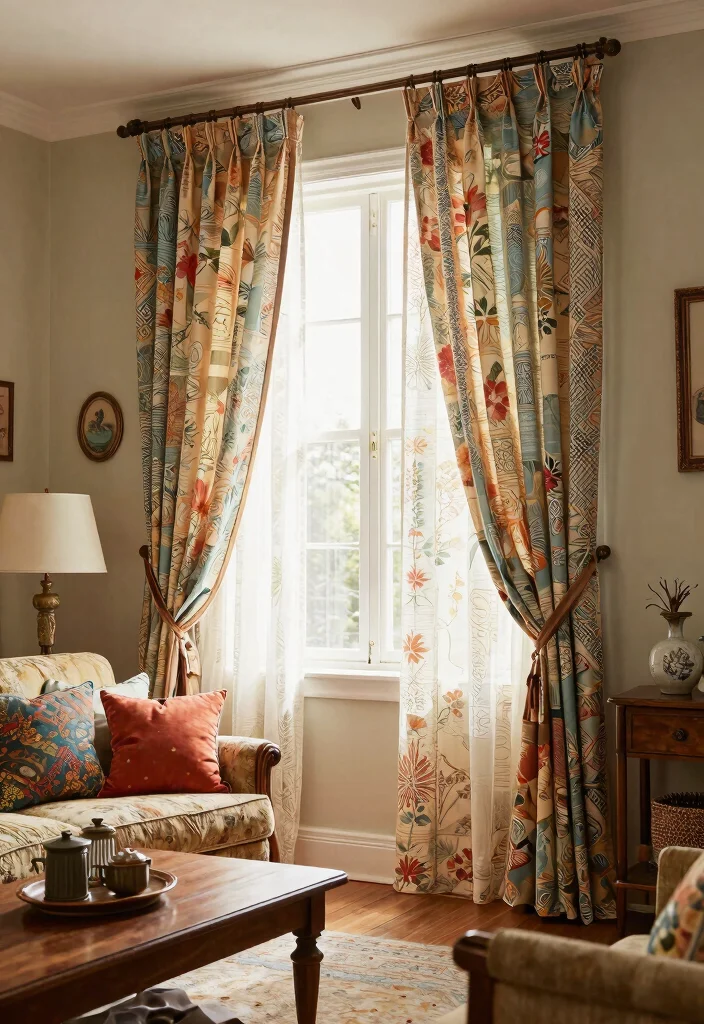 15 Living Room Decor Curtains on a Budget That Look Custom - 15. Upcycled Vintage Fabrics 1