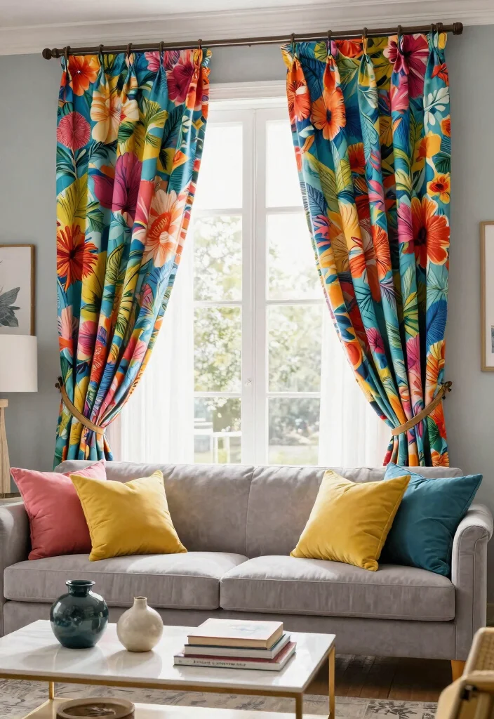 15 Living Room Decor Curtains on a Budget That Look Custom - 3. Colorful Printed Drapes 1