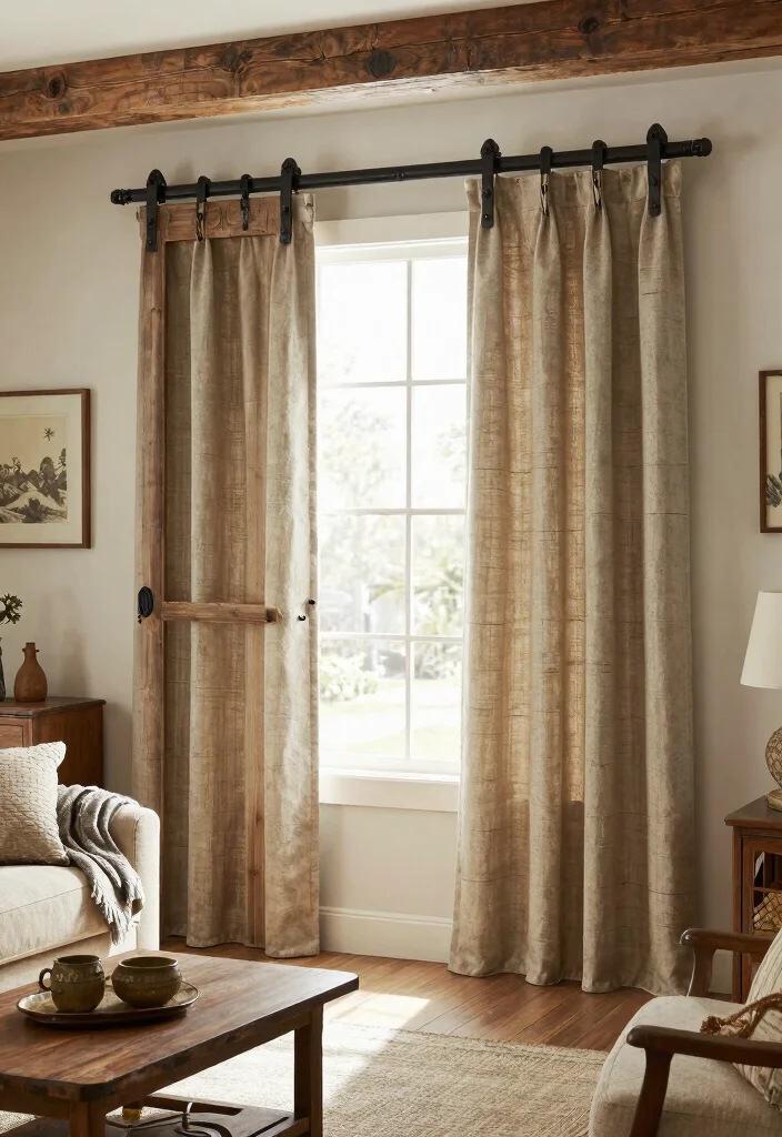 15 Living Room Decor Curtains on a Budget That Look Custom - 6. Rustic Barn Door Curtains 1
