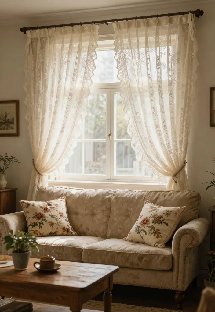 15 Living Room Decor Curtains on a Budget That Look Custom - 9. Vintage Lace Curtains 1