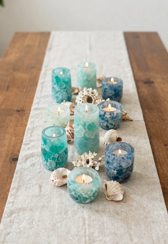 15 Sea Glass Candle Holder Ideas That Catch Light Beautifully - 1. Coastal Chic Centerpiece 1