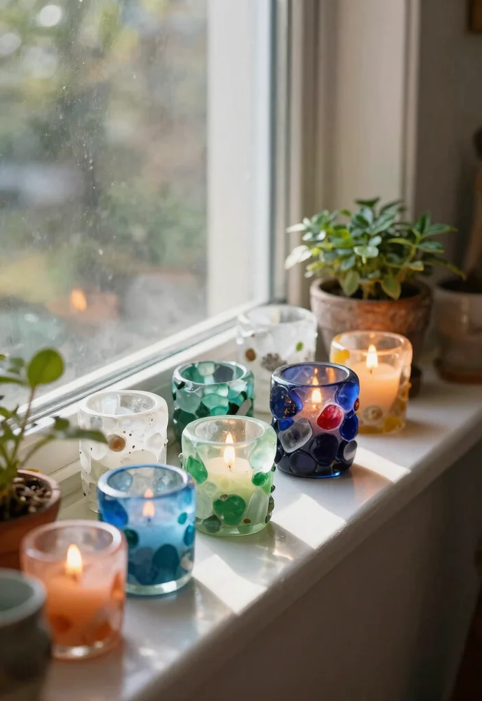 15 Sea Glass Candle Holder Ideas That Catch Light Beautifully - 12. Window Sill Sea Glass Holders 1