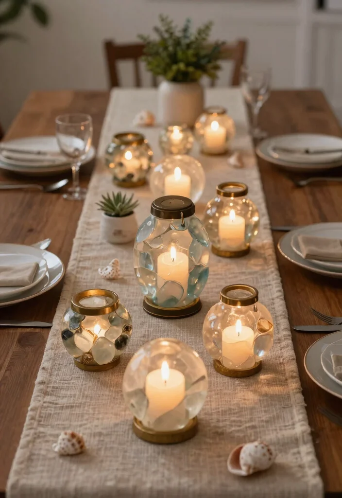 15 Sea Glass Candle Holder Ideas That Catch Light Beautifully - 7. Tabletop Sea Glass Lanterns 1