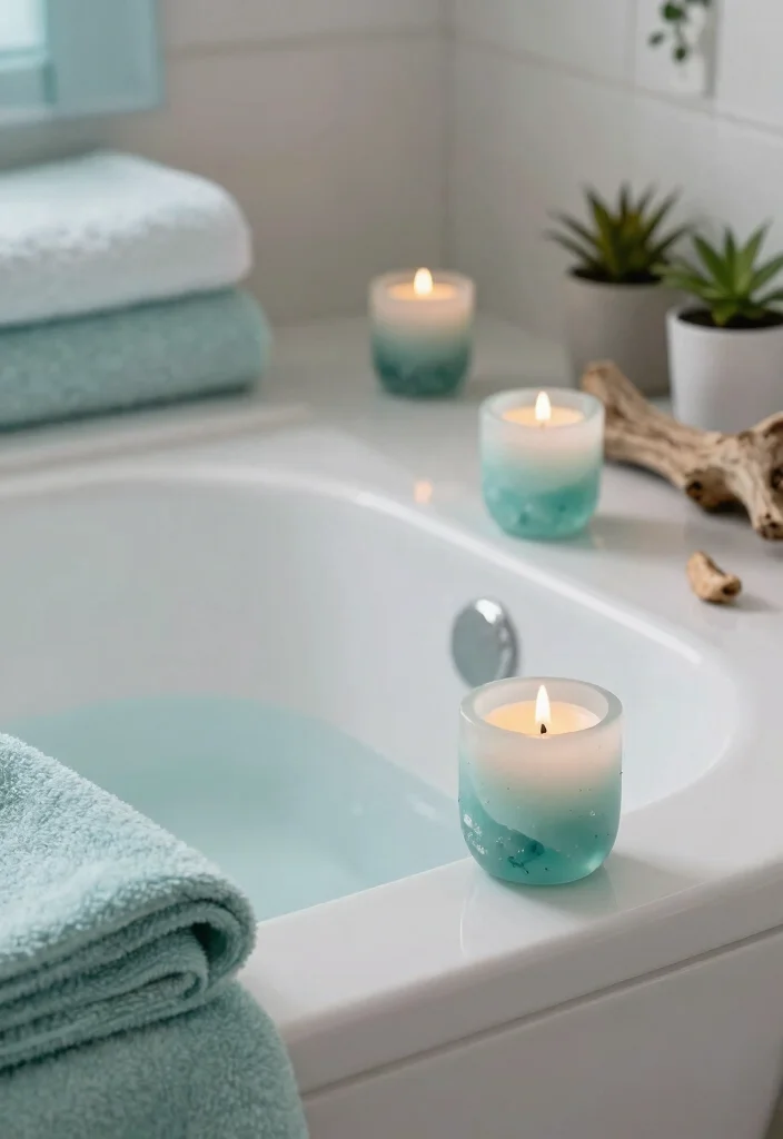 15 Sea Glass Candle Holder Ideas That Catch Light Beautifully - 9. Beachy Bathroom Candle Accents 1