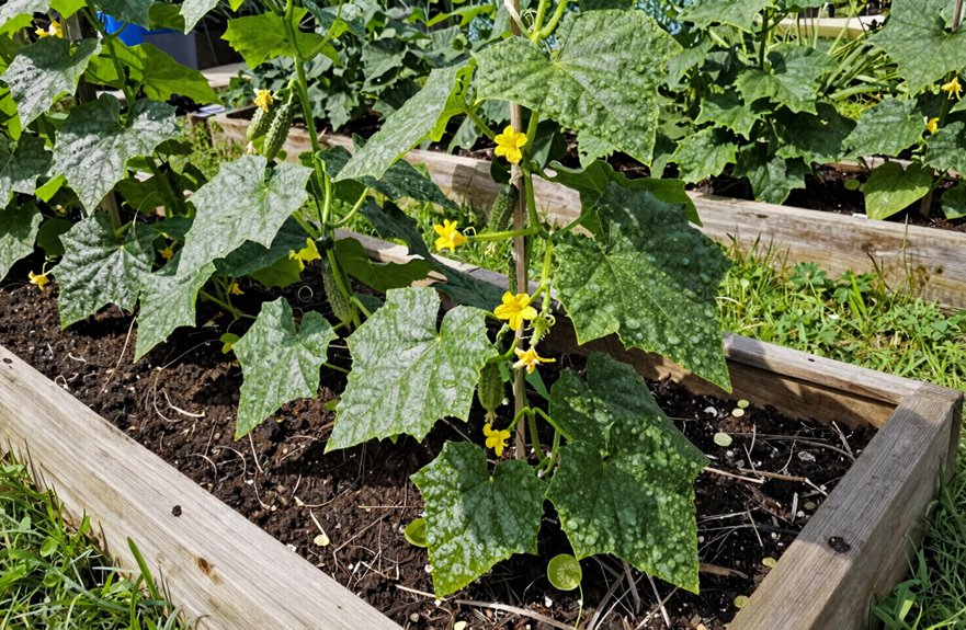 7 Steps to Growing Cucumbers Vertically in a Raised Bed 4 plant cucumber seeds at trellis base