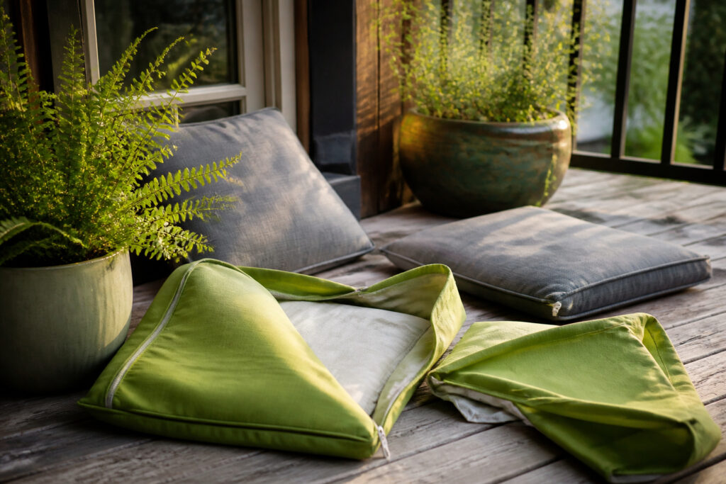 A patio with clean cushions arranged for outdoor seating.