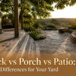 Side-by-side images of a deck, porch, and patio showcasing differences in structure.