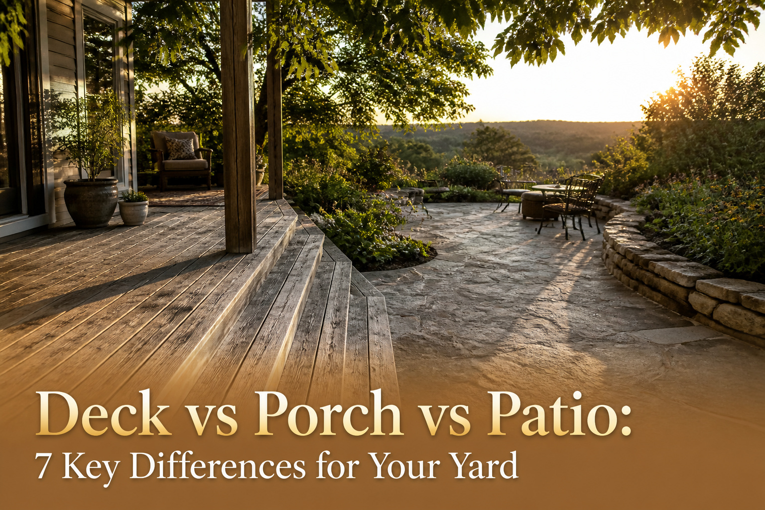 Side-by-side images of a deck, porch, and patio showcasing differences in structure.