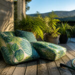 A collection of patio cushions showing dirt and wear.